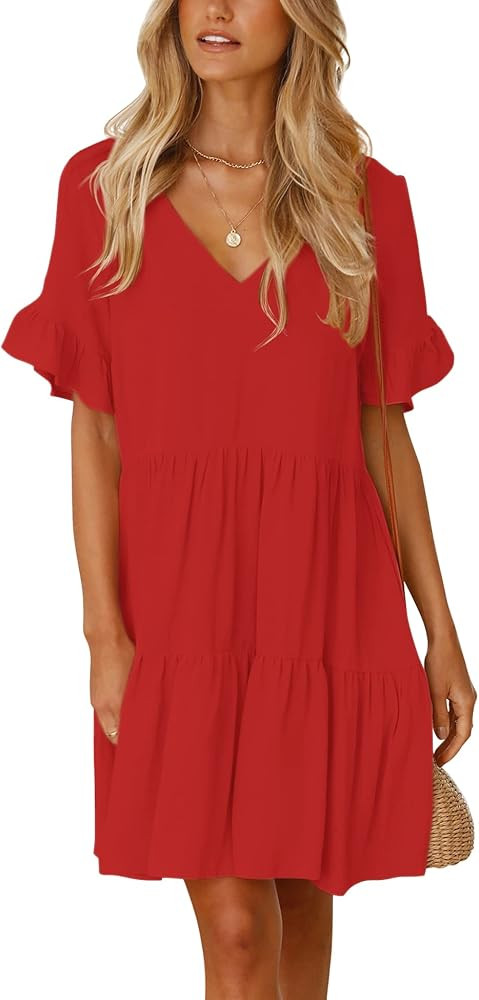 SPRIME Women's Solid Summer Casual Dress V Neck Bell Sleeve Flowy Short Dresses Tiered Ruffle Hem... | Amazon (US)