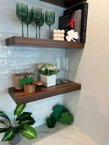 Finally got around to decorating the bar shelves for St Patrick’s day with all the amazon st Patrick’s day shamrock decor and green cups that I bought! St Patrick’s day home decor, st Patrick’s day decor, green wine glasses

#LTKSeasonal #LTKparties #LTKhome