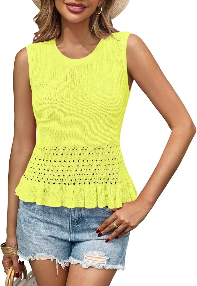 Saodimallsu Womens Crochet Crop Tank Tops Sleeveless Crew Neck Ruffle Summer Boho Knit Sweater Ve... | Amazon (US)