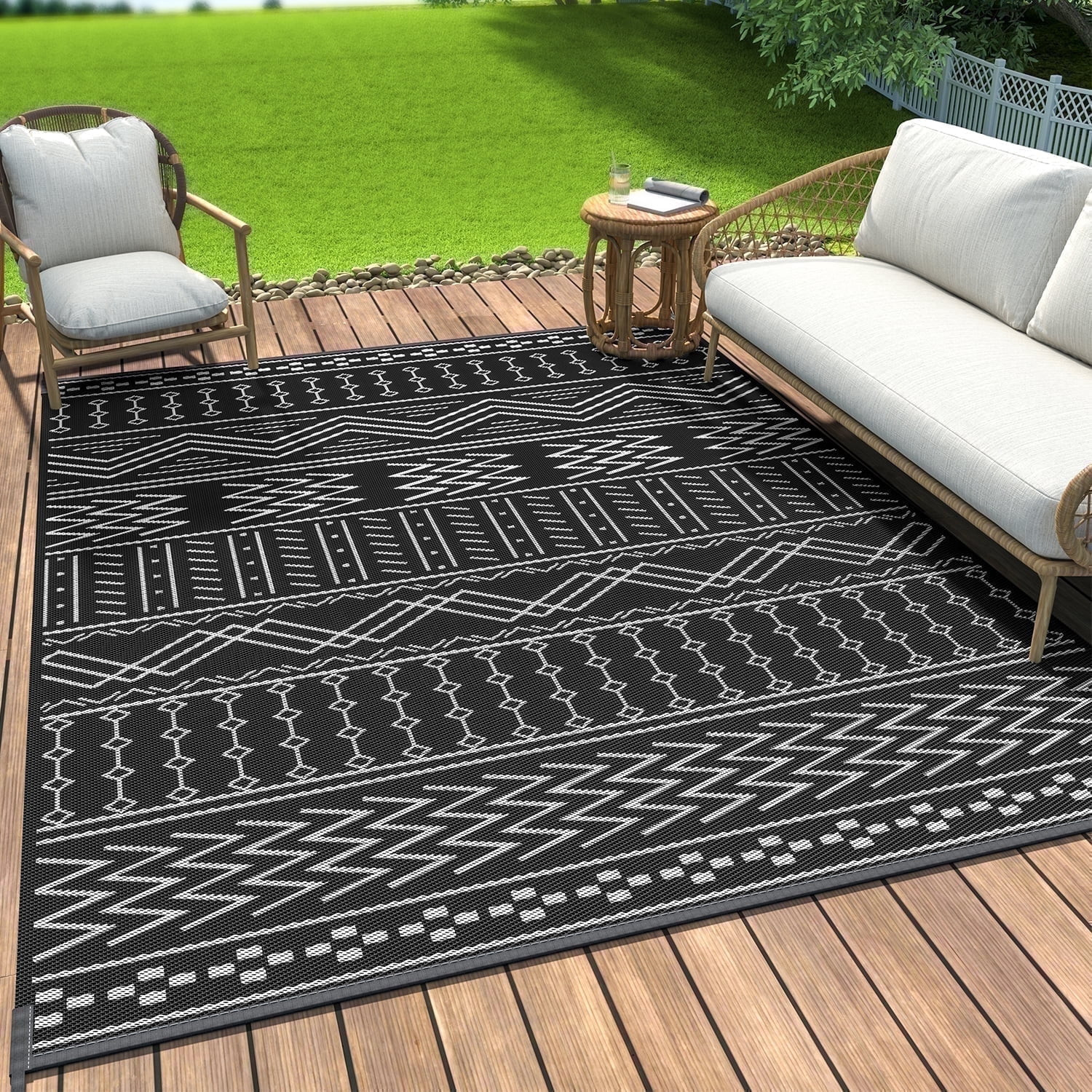 SIXHOME Outdoor Rug 5'x8' Waterproof Patio Rug Reversible Indoor Outdoor Rug Lightweight Plastic Straw Rug for RV Camping Deck Balcony Boho Porch Decor Dark Grey and White | Walmart (US)