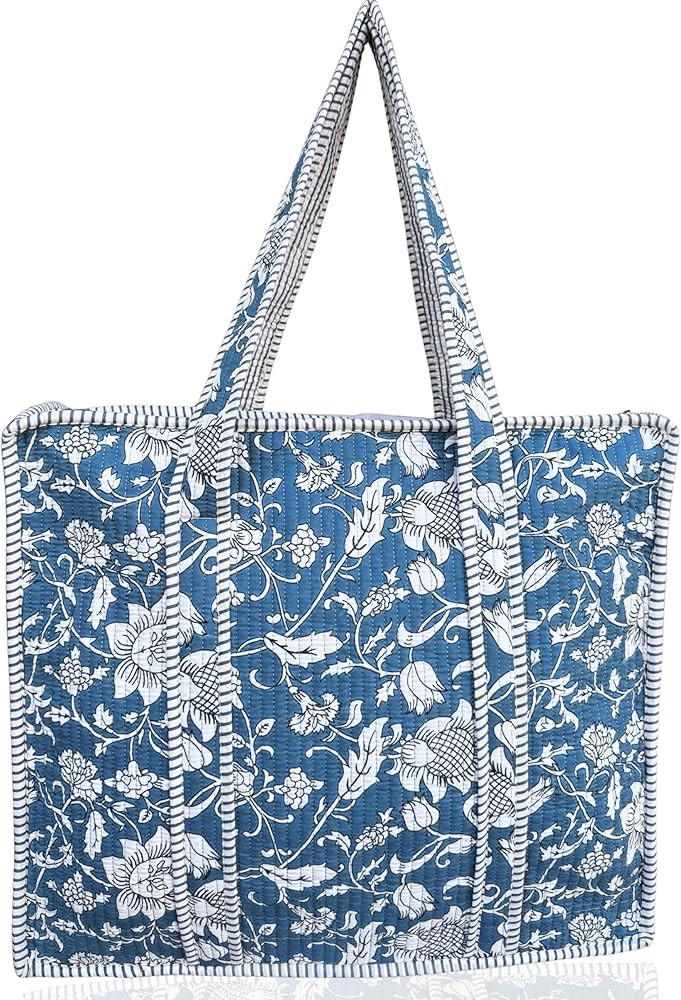 100% Cotton Quilted Tote Bag 18x16– Large Zipper Beach Bag & Travel Bag Purse Reusable Grocery ... | Amazon (US)