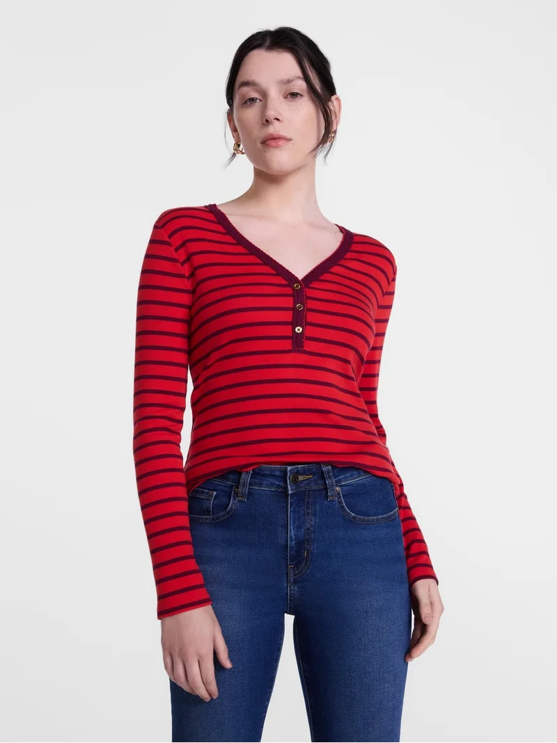 Scenario Women's and Women's Plus Striped Henley Shirt with Long Sleeves, Sizes XS-4X | Walmart (US)