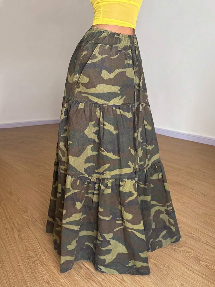 StreetHx Women's Drawstring Waist Pockets Camouflage Ruffle Hem Casual Denim Mini Skirt | SHEIN