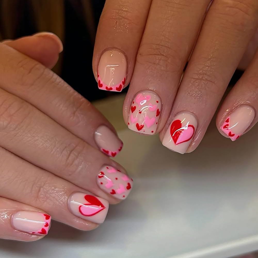 24pcs French Tip Press on Nails Short Square Valentines Fake Nails with Designs Pink Red Heart Fa... | Amazon (US)