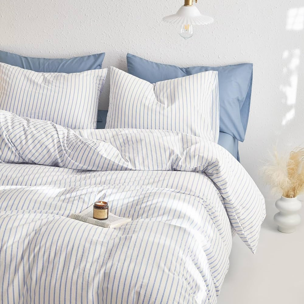 Wake In Cloud - Striped Cotton Duvet Cover Set, Ticking Stripe Vertical Pinstripe Farmhouse, 100%... | Amazon (US)