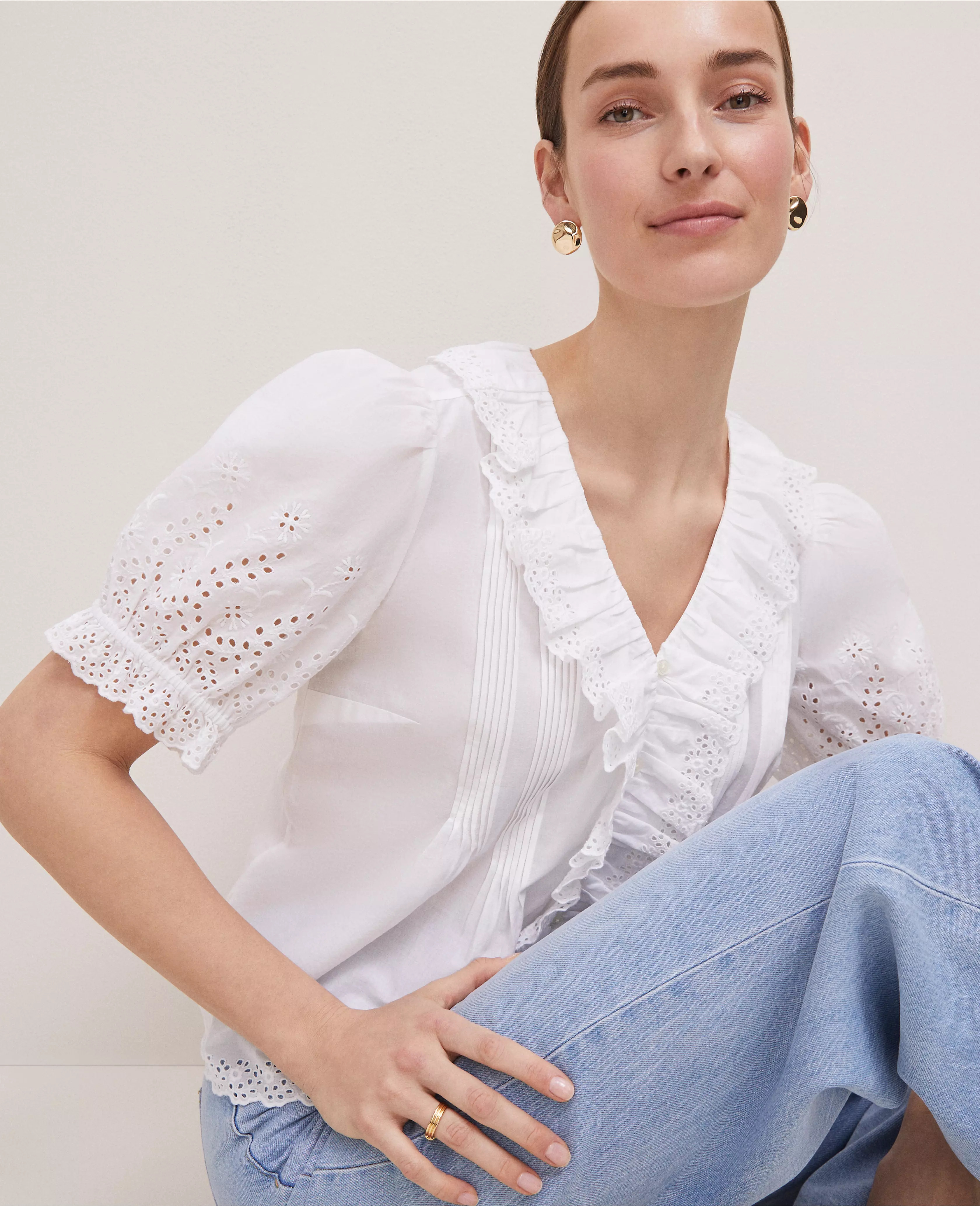 Weekend Collection Embroidered Ruffle Top | Ann Taylor