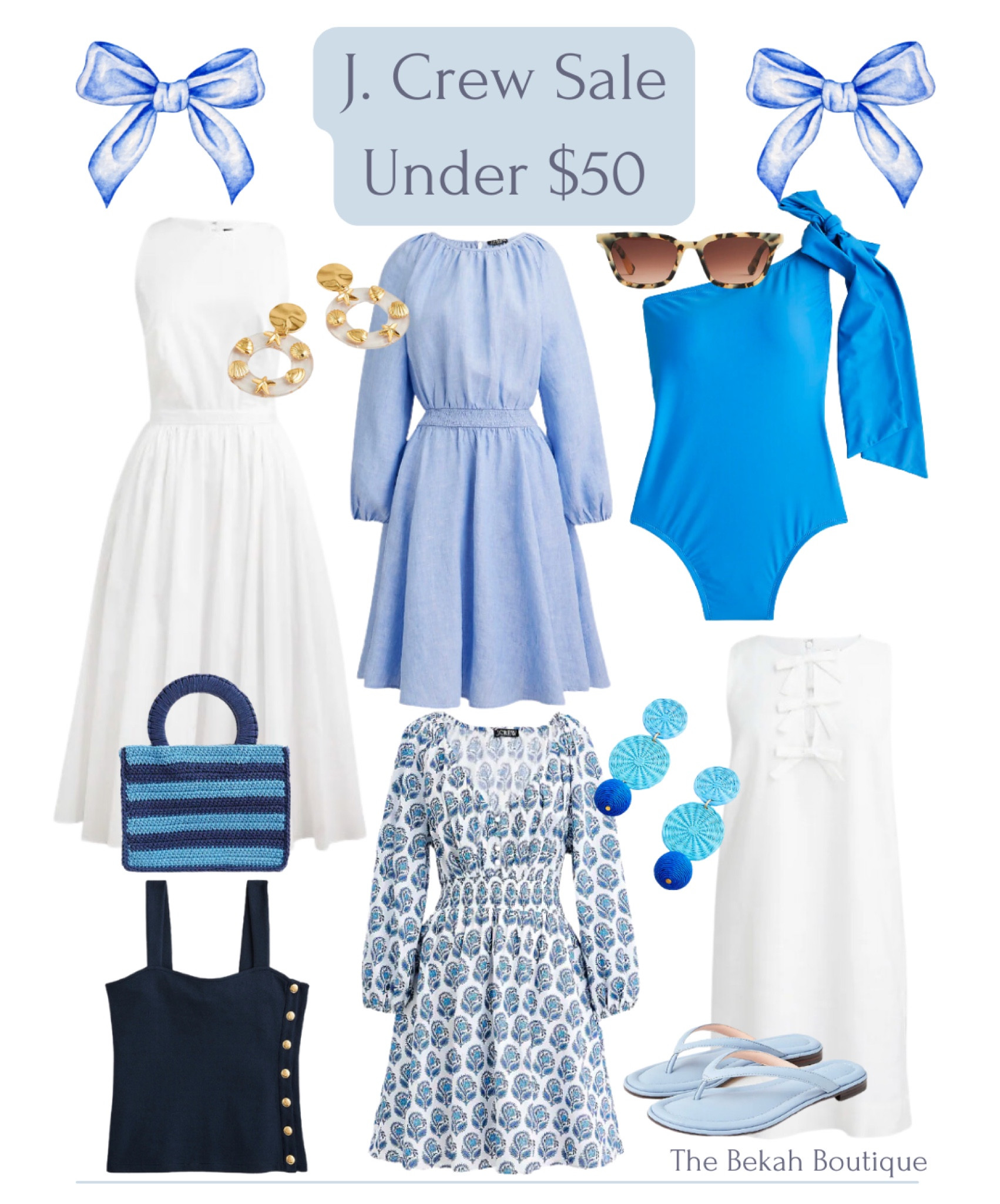 The J. Crew End of Season Sale is on and absolutely *packed* with deals. You can use the code SHOPSALE to save an extra 50% to 60% off of the sale price. Today on The Bekah Boutique, I’m sharing my top picks from the sale - and everything is under $50. 

J. Crew, j. Crew sale, summer sale, end of season sale, under $50, under $100, under $25, summer dress, white midi dress, high neck midi dress, cotton poplin, blue linen mini dress, Palermo dress, bow one shoulder swimsuit, blue one piece swimsuit, striped hand crocheted bag, block print, block print floral mini dress, white bow linen shift dress, navy and gold button tank top, blue leather thong sandals, blue raffia earrings, tortoiseshell sunglasses, acetate charm earrings, Coastal, Coastal style, beach, beachy style

#LTKsalealert #LTKunder50