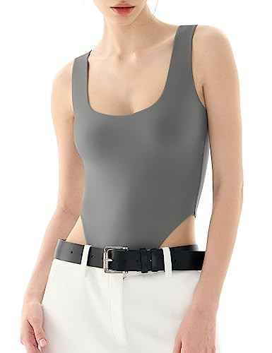 PUMIEY Bodysuit for Women Square Neck High Cut Body Suits for Womens Sexy Tank Tops Elephant Grey Large | Amazon (US)