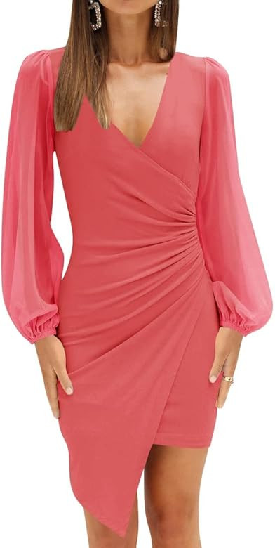 ZESICA Women's Wrap V Neck Bodycon Mini Dress Puff Long Sleeve Ruched Asymmetrical Hem Cocktail P... | Amazon (US)