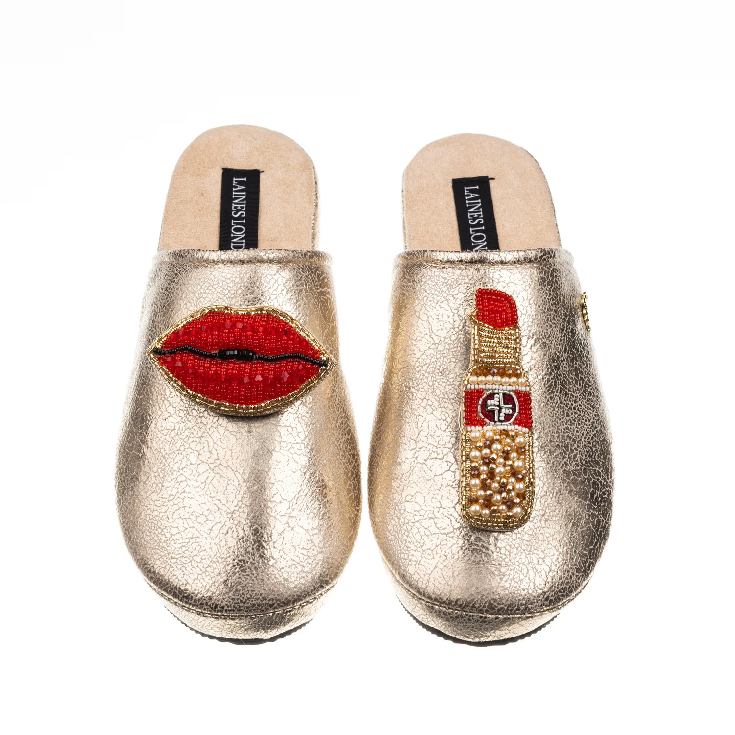 Laines London Gold Softie Slippers With Red Lipstick & Lips Brooches | Wolf & Badger