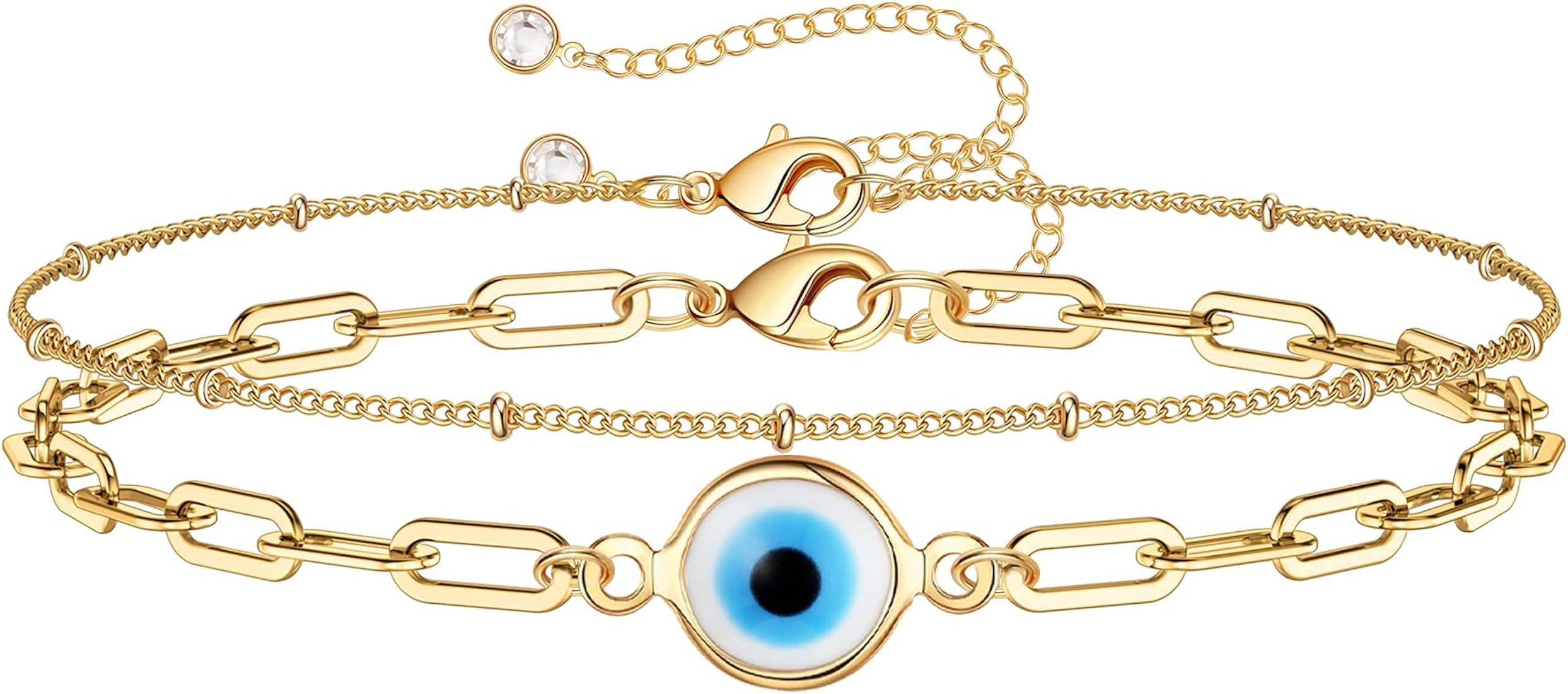 Dainty Gold Bracelets for Women, 14K Gold Filled Adjustable Layered Bracelet Cute Evil Eye Oval Chai | Amazon (US)