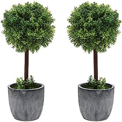 MyGift Set of 2 Small Realistic Artificial Boxwood Topiary Trees/Faux Tabletop Plants w/Gray Cera... | Amazon (US)