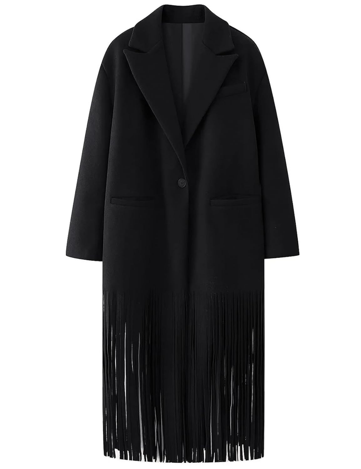 Gihuo Women's Long Wool Blend Coat Notch Lapel Single-Breasted Jacket with Fringe Hem | Amazon (US)