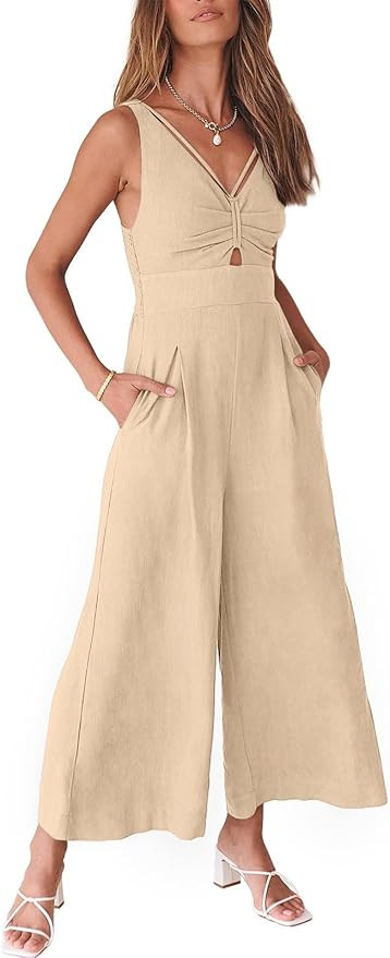 ANRABESS Women's Summer Wide Leg Linen Jumpsuits Dressy V Neck Sleeveless Casual Pants Rompers 20... | Amazon (US)