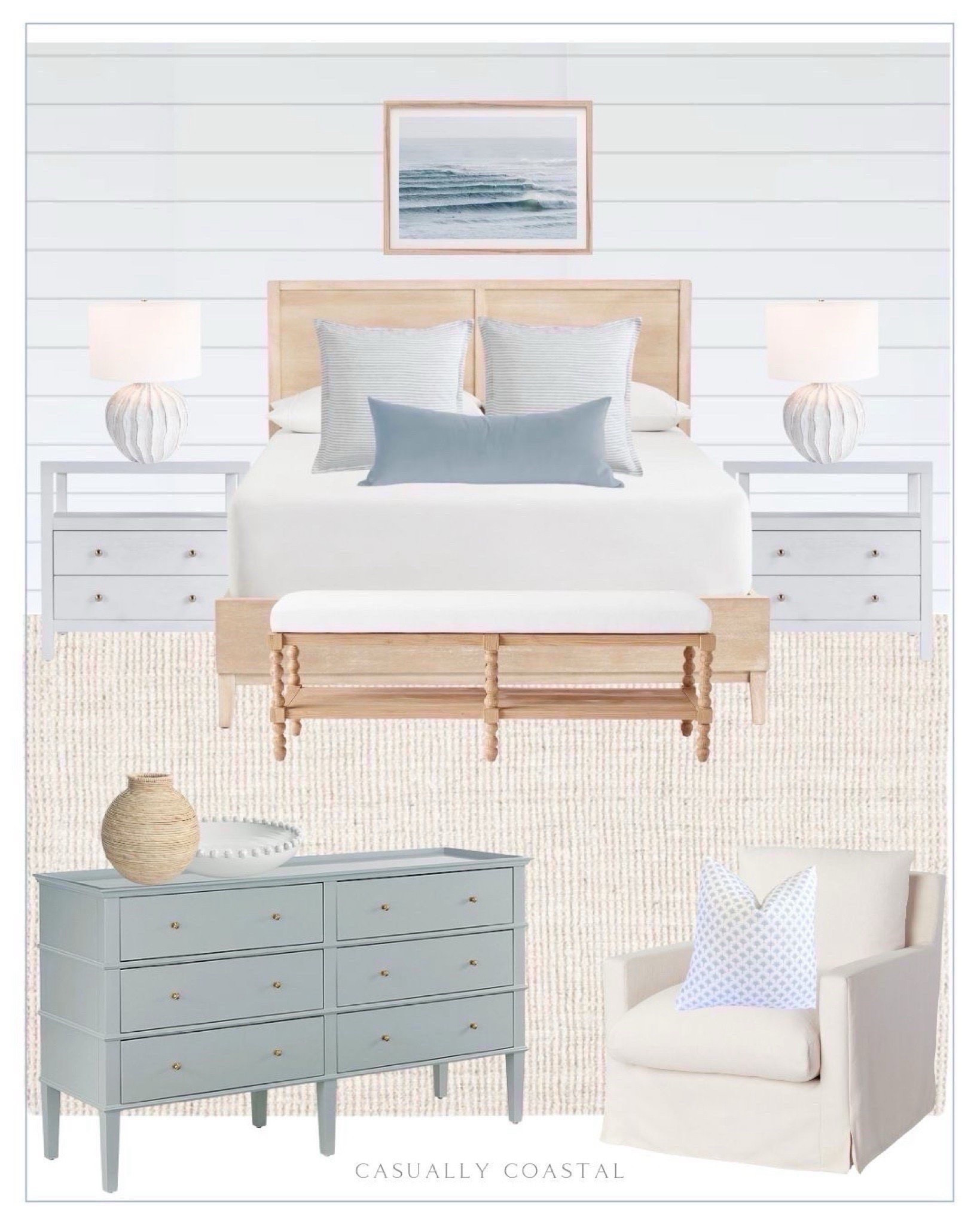 Beachy primary bedroom inspiration! Several pieces are currently on sale!
----
Coastal home, coastal home decor, coastal primary bedroom, master bedroom ideas, beach house bedroom, lake house bedroom, beachy bedroom, neutral bedroom, primary bedroom decor, coastal bedroom decor, linen duvet cover set, blue duvet covers, king size bedding, queen size bedding, blue duvet, coastal duvet, coastal dresser, blue dresser, wrapped decorative vase, coastal vase, dresser decor, ceramic decorative bowl, Etsy artwork, coastal artwork, ocean artwork, bedroom artwork, beach artwork, surf framed artwork, Etsy pillows, soft blue palm tree pillows, European linen euro sham, striped euro sham, light blue velvet lumbar rectangular pillow, bed pillow styling, jute rug, coastal rug, bedroom rug, neutral rug, woven rugs, natural rugs, 9x12 rugs, 8x10 rugs, 5x8 rugs, feather filled swivel chair, neutral chair, accent chair, bedroom chair, Serena & Lily bench, coastal bench, bedroom bench, bench for foot of bed, Amazon bed pillows, Amazon linen duvet cover set, 2-drawer nightstand, coastal nightstand, white nightstands, wide nightstands, nightstands with drawers, nightstands with shelf, Wayfair bedroom decor, coastal ceramic table lamp, pottery barn bed, coastal bed, natural wood bed, queen size beds, king size beds, white lamps, nightstand lamps, coastal lamps, TJ Maxx lamps, textured white lamps

#LTKHome #LTKSaleAlert