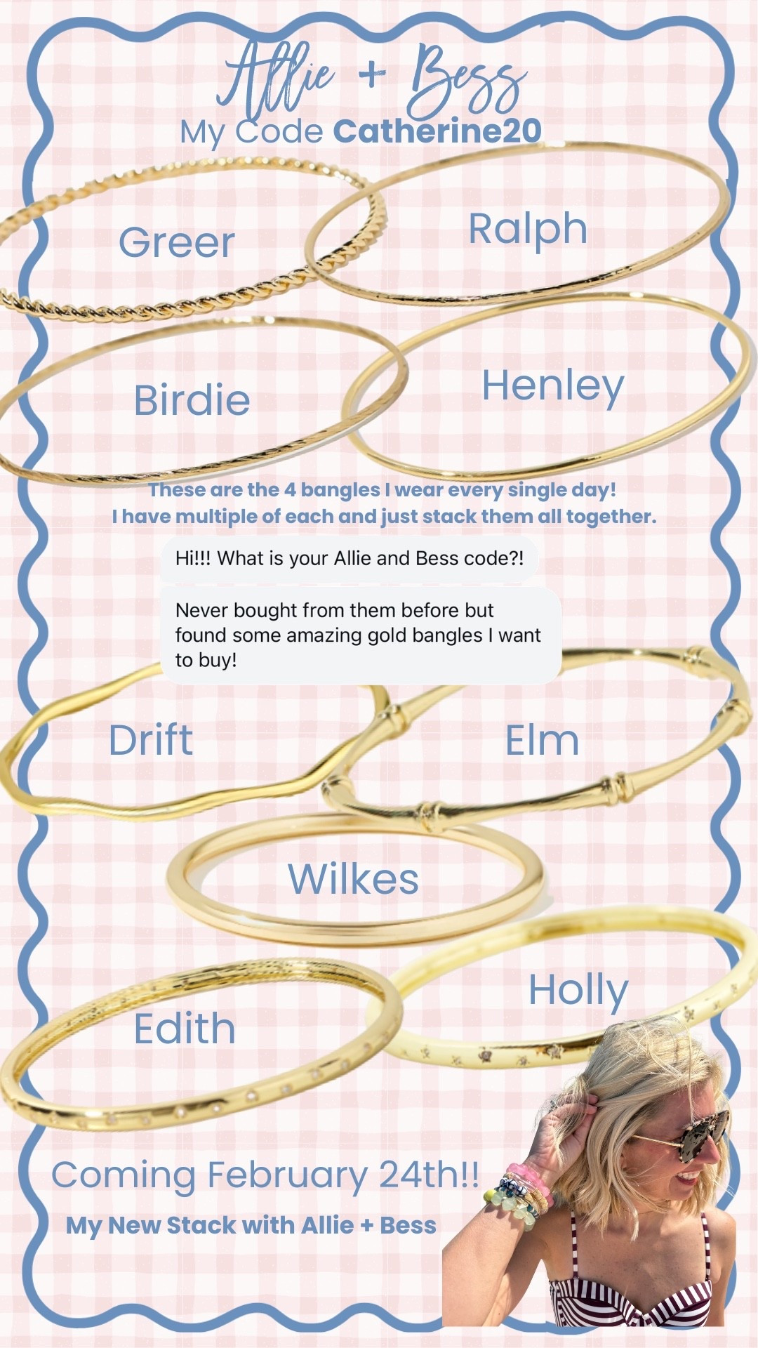 Answering more DM’s and this one is easy because I could go on & on about Allie + Bess! I love their bangles so much! They come in three different sizes for the best fit. These bangles are part of my daily outfit & the mix and match with every color!! Use my code Catherine20 for 20% off sitewide. 

Be on the lookout for my new stack dropping on February 24!!

#LTKmorningroutine #LTKdayinmylife #LTKOver40