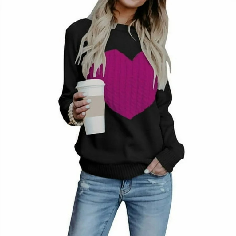Sweaters for Women Valentine's Day Gift Long Sleeve Crewneck Cute Heart Print Knitted Pullover Sw... | Walmart (US)