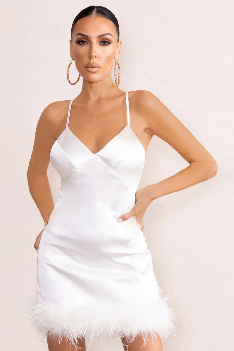 Members Only | White Satin Feather Trim Mini Dress | Club L London