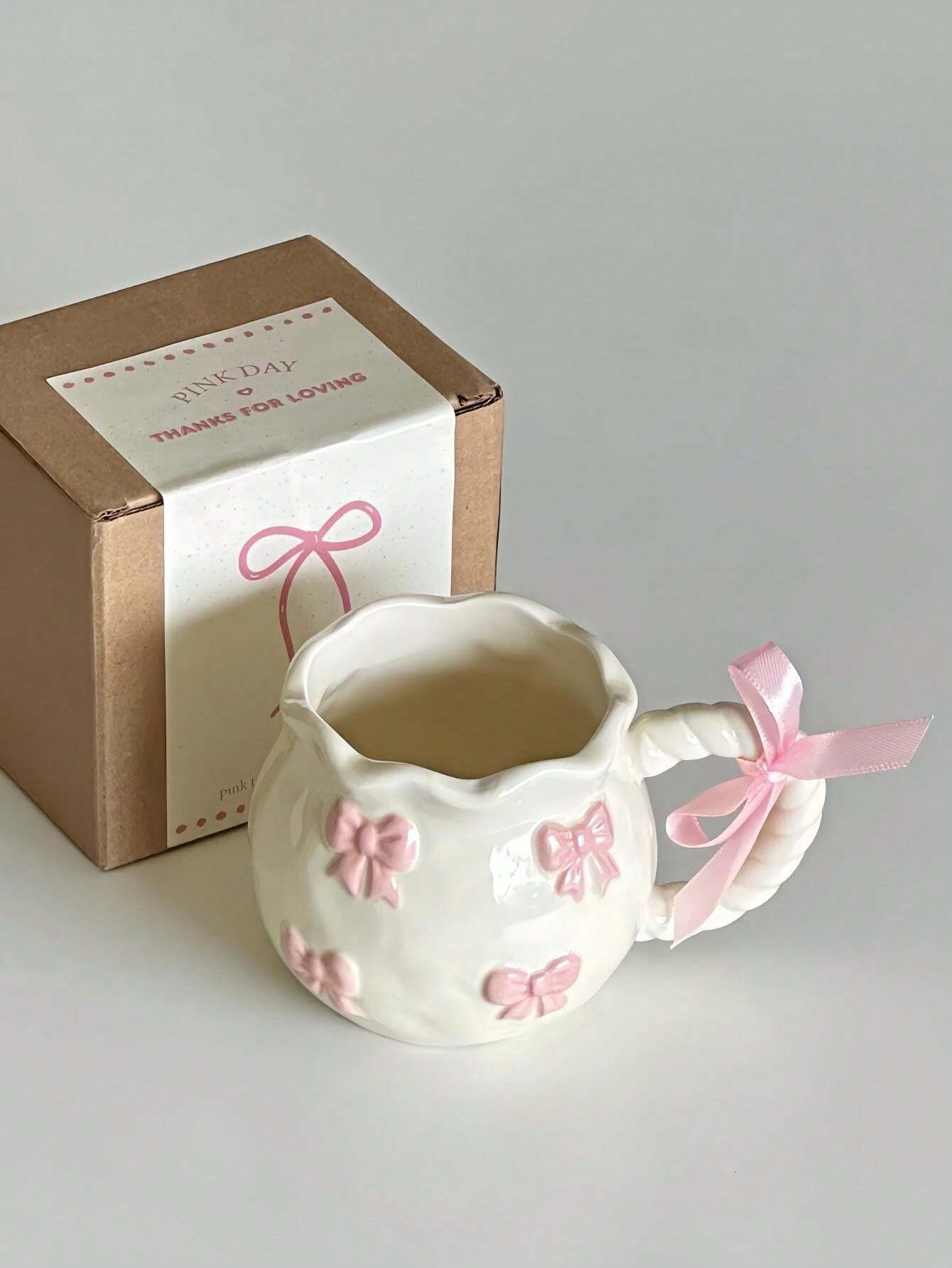1pc Pink Bowknot Decorative Ceramic Mug, Handmade Asymmetrical Butterfly Embossed Design, Novelty... | SHEIN