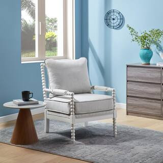 Mid Century White Spindle Accent Chair Upholstered Armchair with Thick Cushion and Wood Frame | The Home Depot