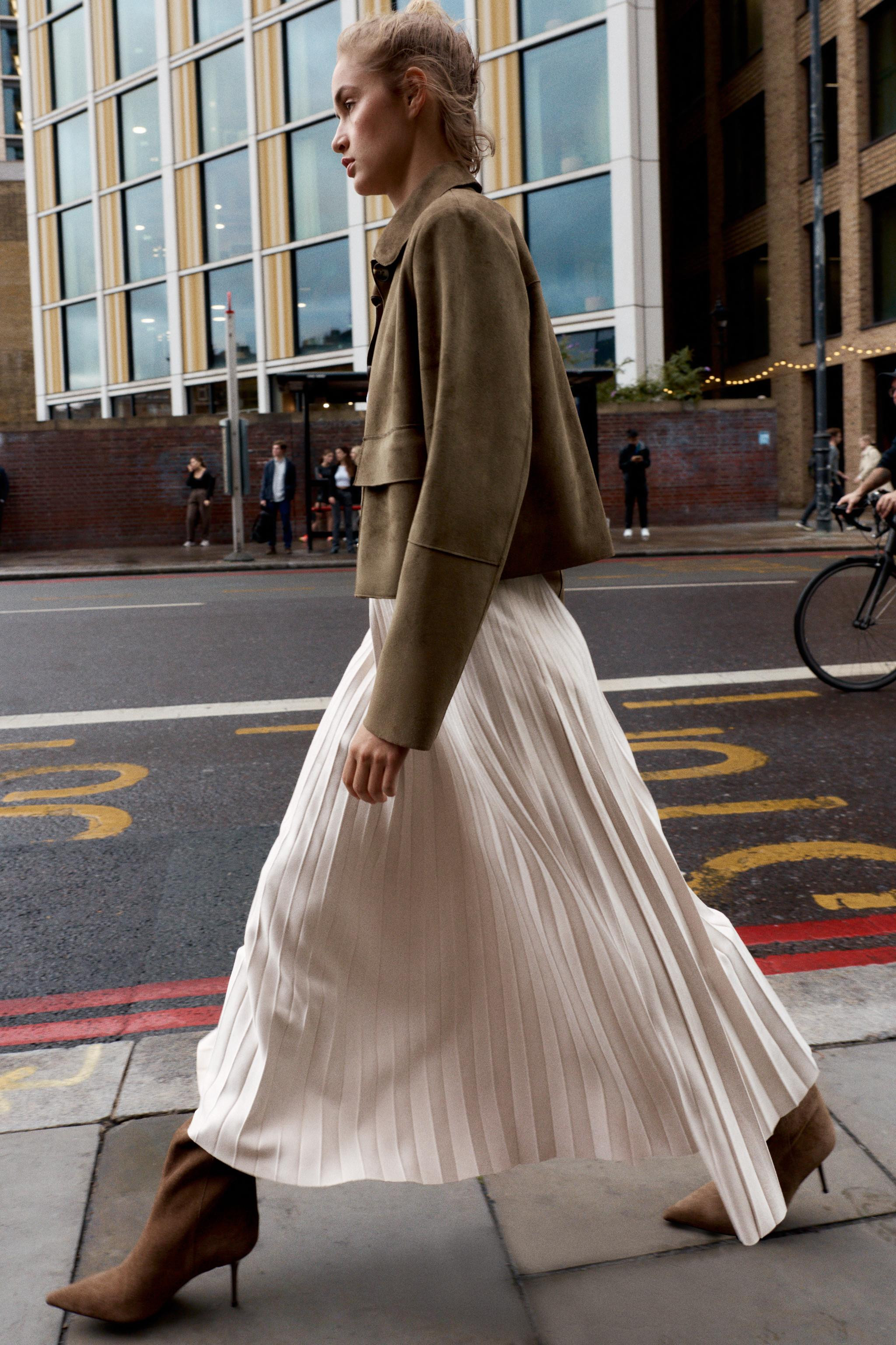 BELTED FAUX SUEDE EFFECT PLEATED MIDI SKIRT | Zara UK