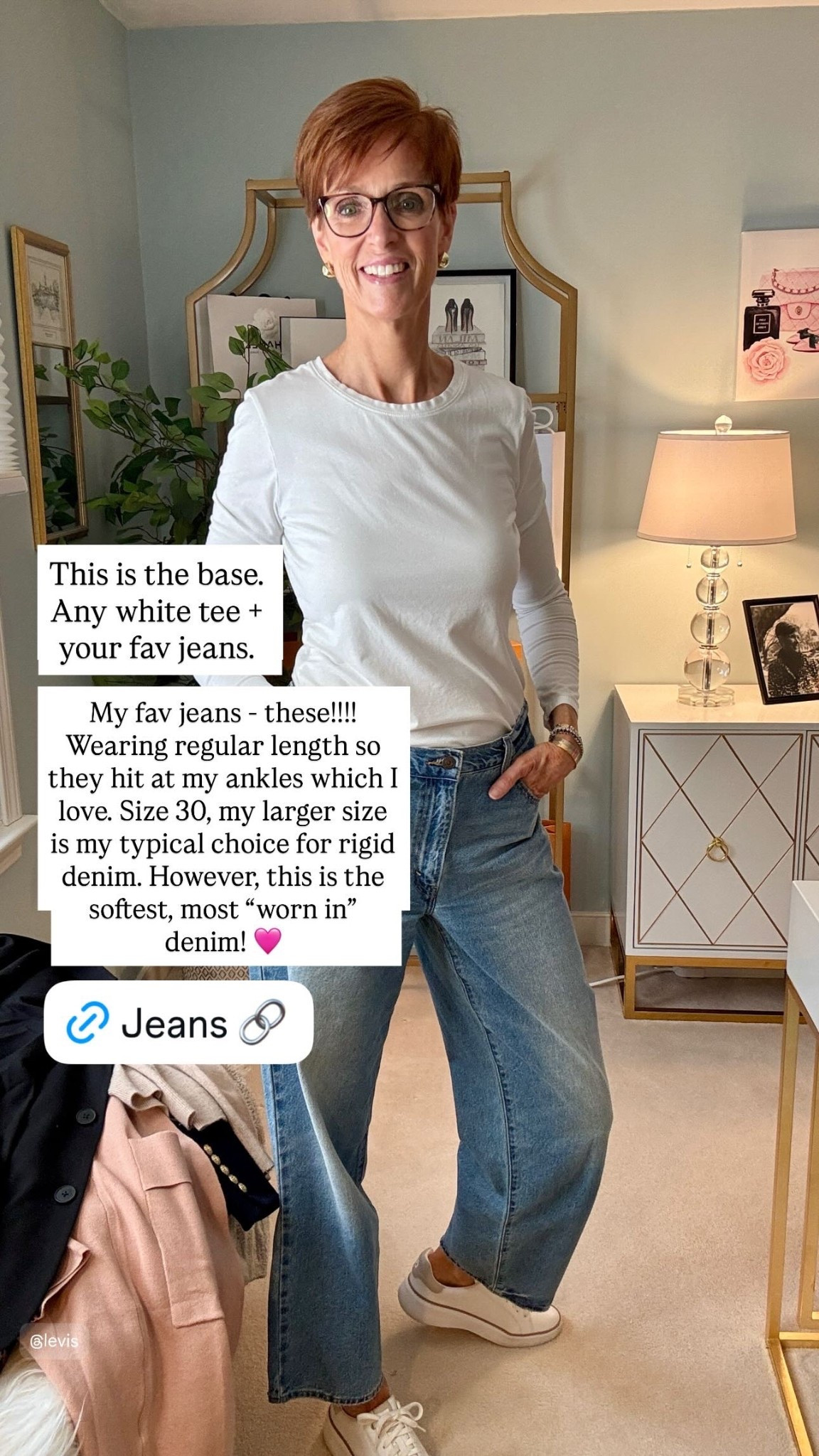 This is the base. 
Any white tee + 
your fav jeans. My fav jeans - these!!!!
Wearing regular length so they hit at my ankles which I love. Size 30, my larger size is my typical choice for rigid denim. However, this is the softest, most “worn in” denim! 🩷

#LTKOver40 #LTKTall #LTKootd