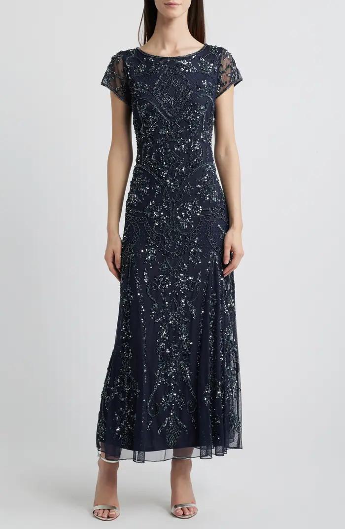 Beaded Mesh Midi Cocktail Dress | Nordstrom