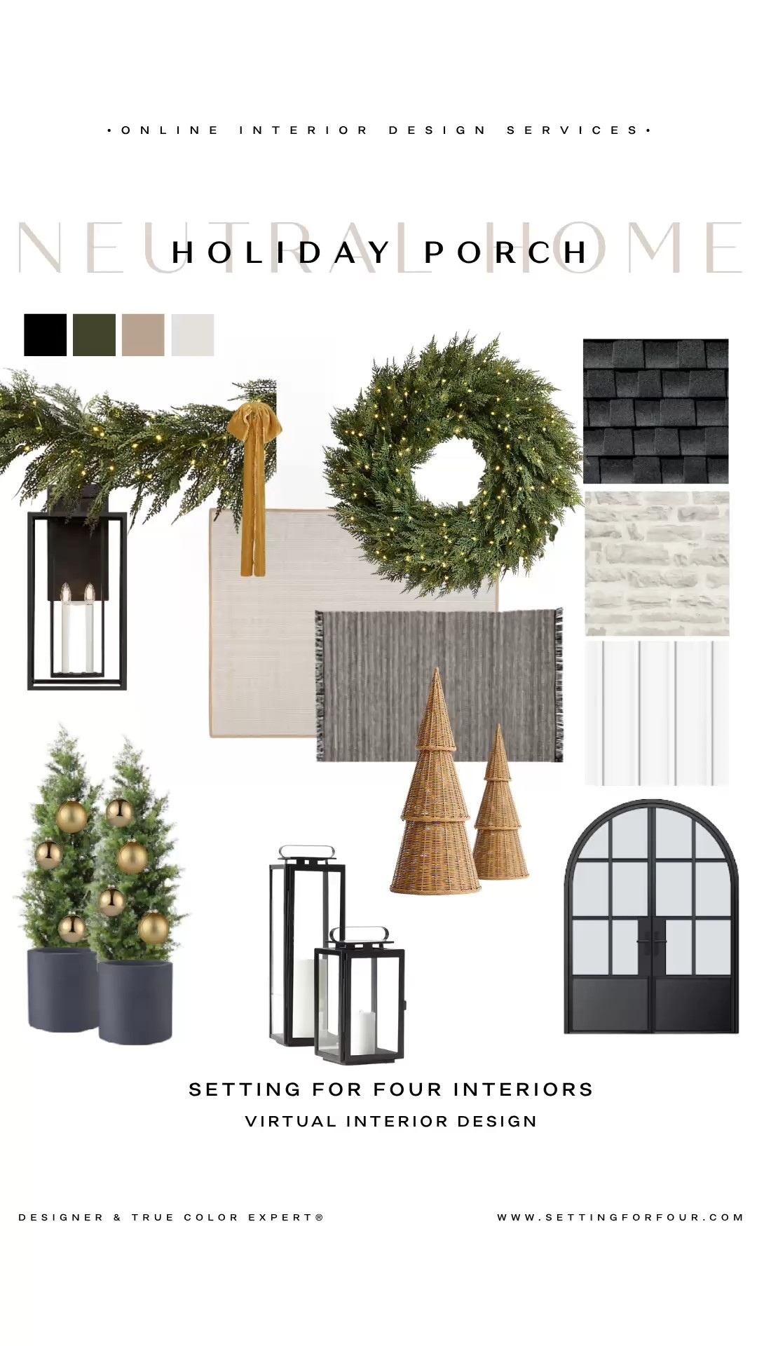 Neutral Christmas porch mood board design and decor ideas. Designer and True Color Expert picks!
Holiday, front door wreath, pine garland, outdoor rug, outdoor Christmas tree, rattan, outdoor wall sconce , exterior light, black, beige, gold Christmas tree ornaments, outdoor cedar trees, planter pots, outdoor candle lanterns, organic modern, transitional, minimalist, earthy, Pottery Barn style, Crate & Barrel aesthetic, Amazon home, 2025 trends #LTKFamily

#LTKHoliday #LTKHome #LTKSaleAlert