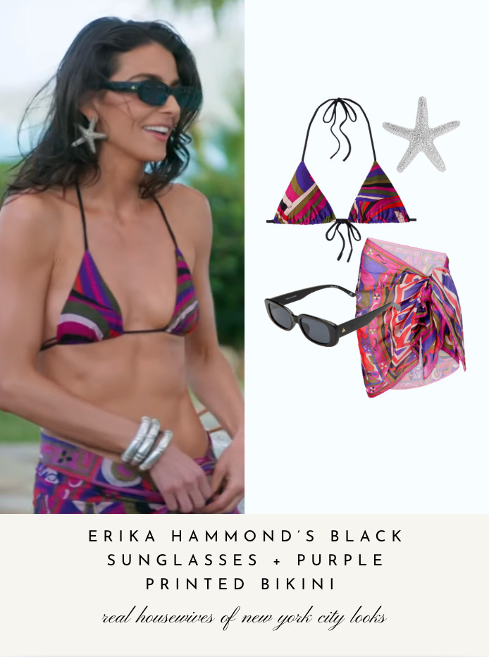 Erika Hammond's Black Sunglasses and Purple Printed Bikini 

 