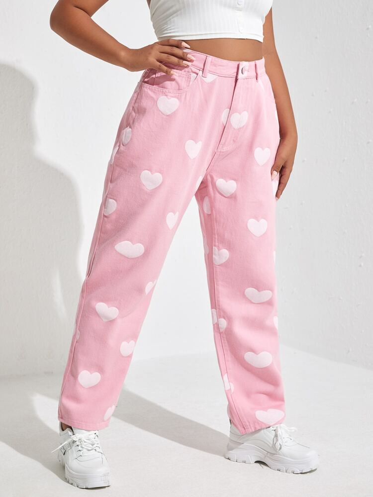 Plus Heart Print Straight Leg Jeans | SHEIN