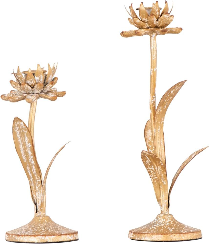 Cut Metal Flower Shaped Taper Candle Holder in Distressed Gold Finish (Set of 2 Sizes) | Amazon (US)