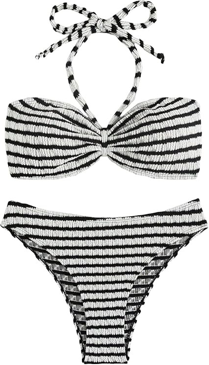 Milumia Women's 2 Piece Swimsuits Striped Tie Back Halter Top Bikini Sets Swimwear | Amazon (US)