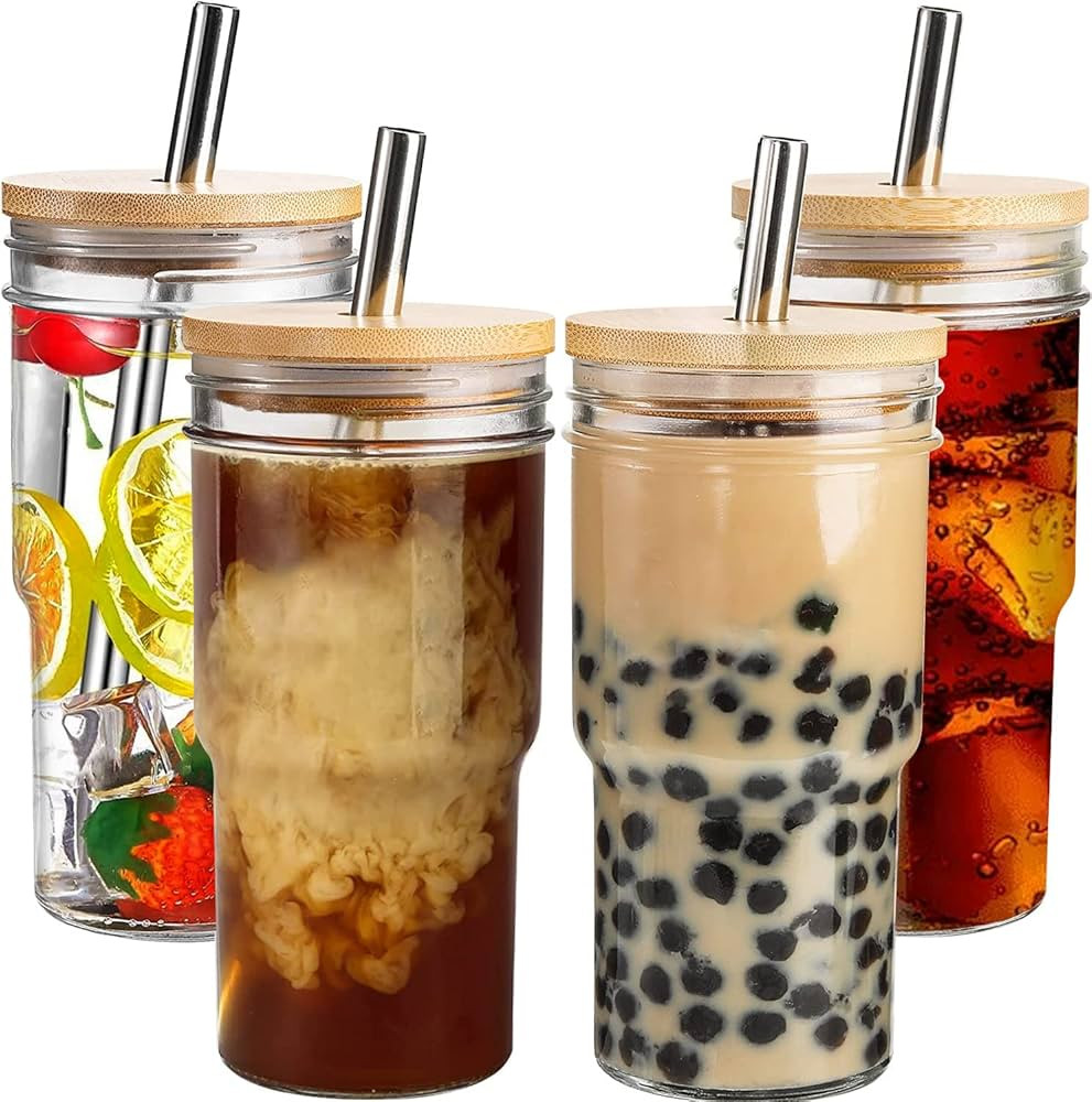 4 Pack Glass Cups with Bamboo Lids and Straws,22 oz Glass Tumbler with Straw and Lid,Reusable Bob... | Amazon (US)