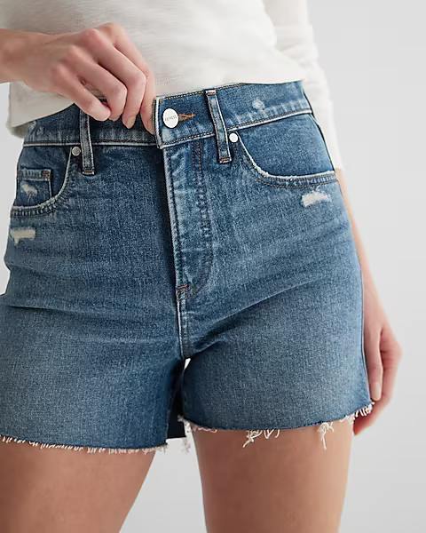 High Waisted 90's Medium Wash Raw Hem Jean Shorts | Express