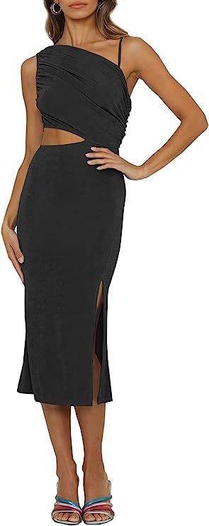 HOSIKA Women's Sexy One Shoulder Sleeveless Cut Out Split Solid Color Bodycon Party Cocktail Midi... | Amazon (US)