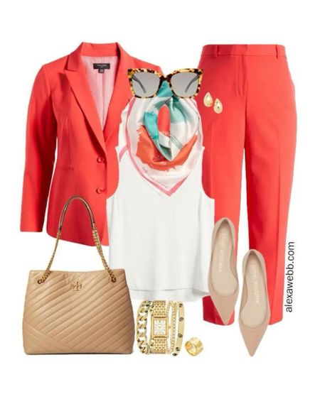 Plus Size Spring Work Capsule 2024 - Part 2 - Plus size hot coral suiting with a white blouse and printed scarf. Alexa Webb #plussize

#LTKSeasonal #LTKplussize #LTKworkwear