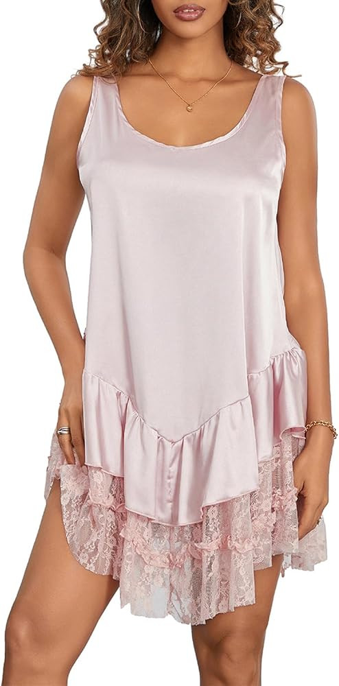 Women Sexy Lace Slip Dress Sleeveless Low Cut Lace Flowy Mini Dress A Line Tunic Dress Cocktail P... | Amazon (US)