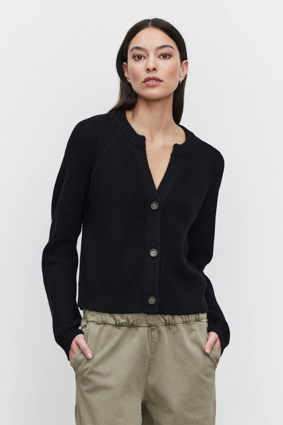 SHAYLA ENGINEERED STITCHES WOOL BLEND BUTTON FRONT CARDIGAN | Velvet by Graham & Spencer