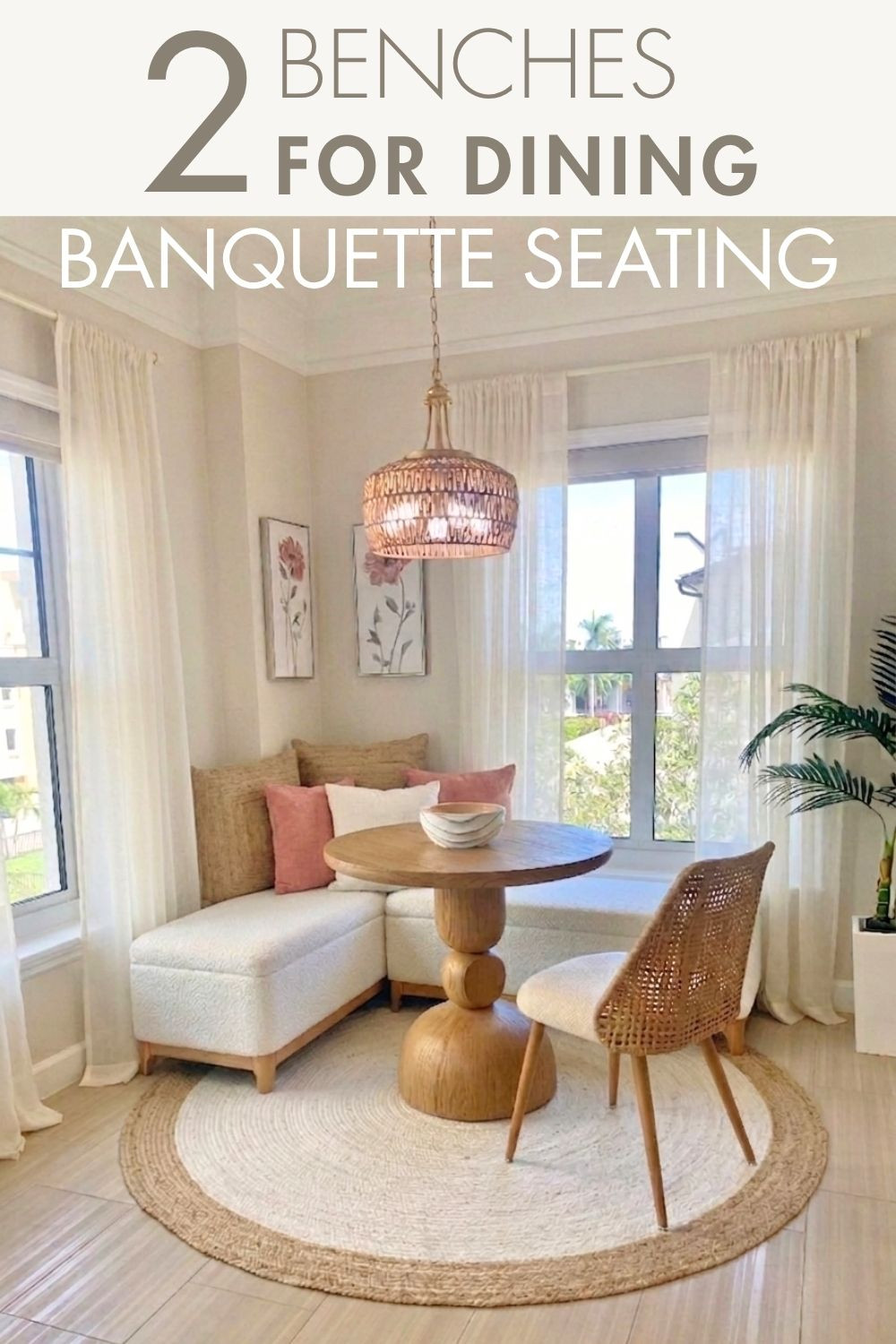 I designed this dining nook for a client. She has a corner area with low windows so I chose backless banquette seating. It's cozy. Most of the backless banquettes are wood. I wanted a more luxury designer look so I choose to use 2 upholstered benches and put them together. This is actually way less expensive than it looks. I chose a statement table to make it a focal point of the nook. Accents of pillows, rug, and wicker pendant light, finish off the coastal chic dining nook. 

Get more tips and advice of banquette dining seating on my blog DressingArtist.com. #cornerdiningnook #diningbanquette 

 #LTKHome