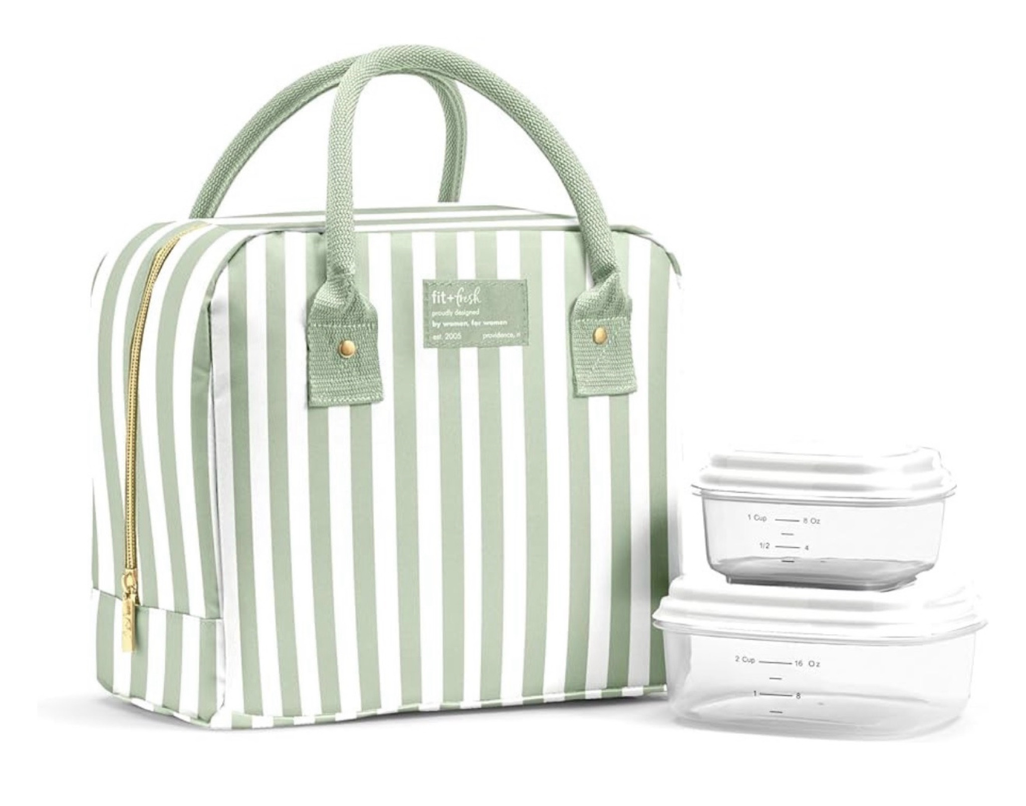 Fit & Fresh Bloomington Lunch Bag for Women - Insulated Large Lunch Box for Work with Containers, Leak-Resistant, Stain-Resistant, Zipper Closure, Thick Stripe Sage