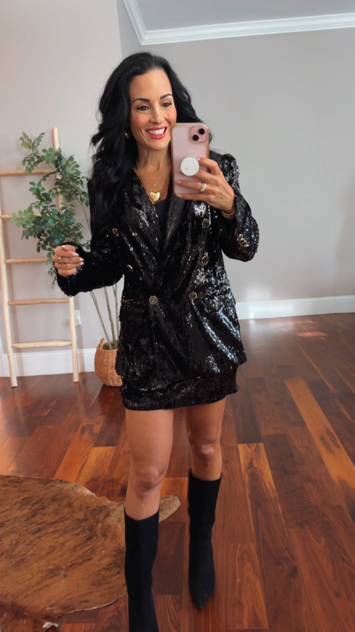 Sequin skirt and sequin blazer 
Paired with knee boots code laura15


#LTKOver40 #LTKHoliday #LTKSaleAlert