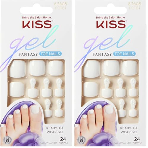 KISS Gel Fantasy Press On Toenails, Nail Glue Included, This is Classic', White, Short Size, Squoval Shape, Includes 24 Nails, 2g glue, 1 Manicure Stick, 1 Mini File (Pack of 2) | Amazon (US)
