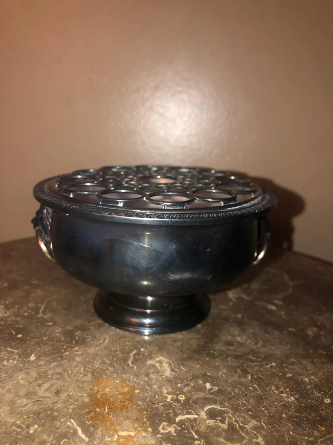 Antique Silver Centerpiece With Silver Mesh Flower Frog and Vase Bowl With Lion Head Handles - Et... | Etsy (US)