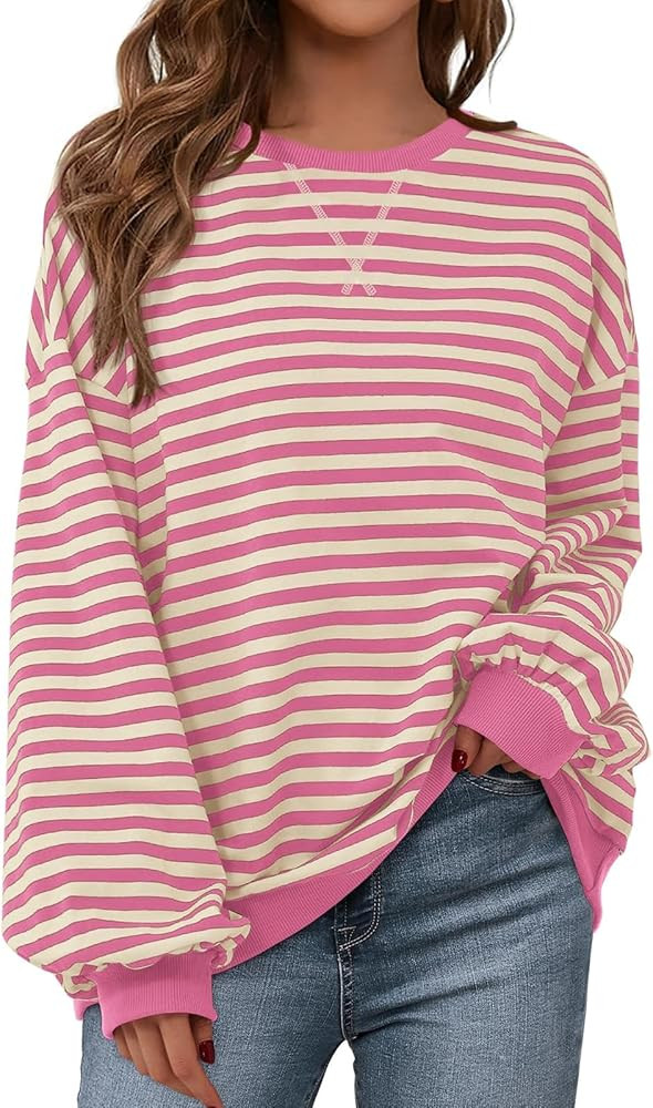 PRETTYGARDEN Womens Striped Oversized Sweatshirt Color Block Crew Neck Long Sleeve Casual Loose P... | Amazon (US)