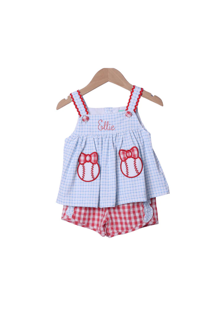 Baseball Bow Applique Knit Short Set | The Smocked Flamingo