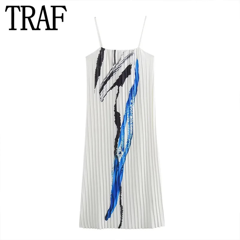 TRAF Print Pleated Slip Dress Woman Sleeveless Summer Long Dress Women Casual Women's Loose Dress... | AliExpress (US)