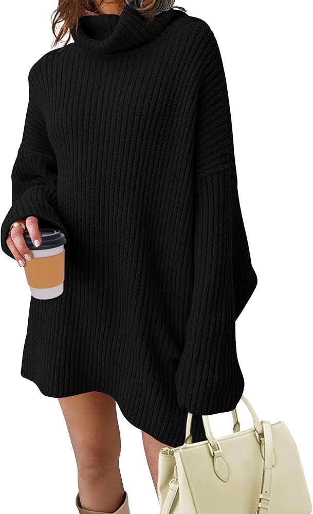Women's 2023 Turtleneck Long Sleeve Pullover Sweater Top Oversized Split Ribbed Knit Mini Dress | Amazon (US)