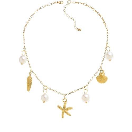 Charm Necklace for Women - Dainty Gold Paperclip Beach Charm Necklace Beach Pendant, Beach Theme Cute Pearl Shell and Star Necklace Pendant Jewelry, Summer Ladies' Jewelry, Perfect for Parties | Amazon (US)
