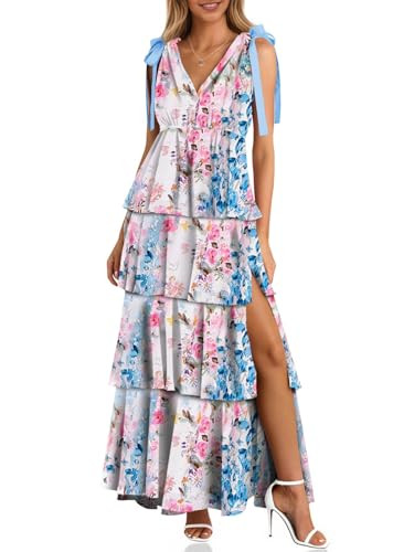 Wenrine Womens Summer Floral Maxi Dress Tie Strap Sleeveless V Neck High Slit Boho Ruffle Tiered ... | Amazon (US)