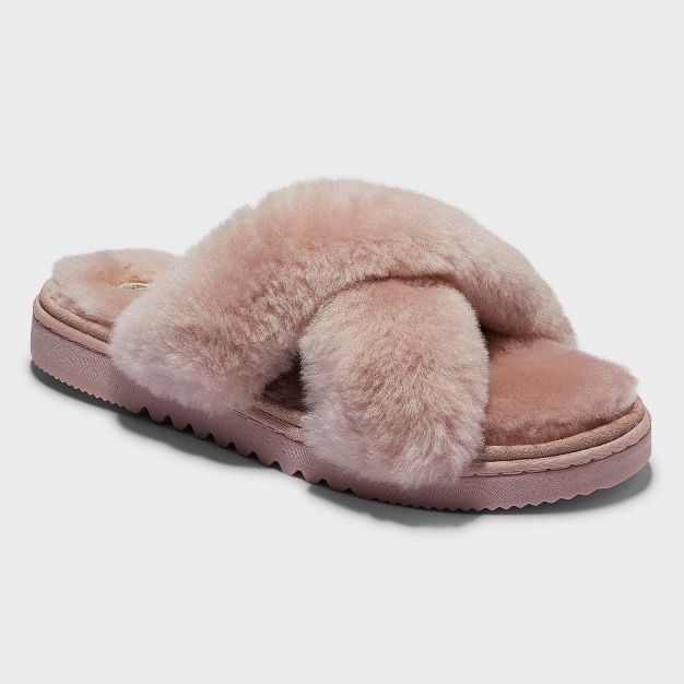 Women's dluxe by dearfoams Rossland Genuine Shearling Crossband Slippers | Target